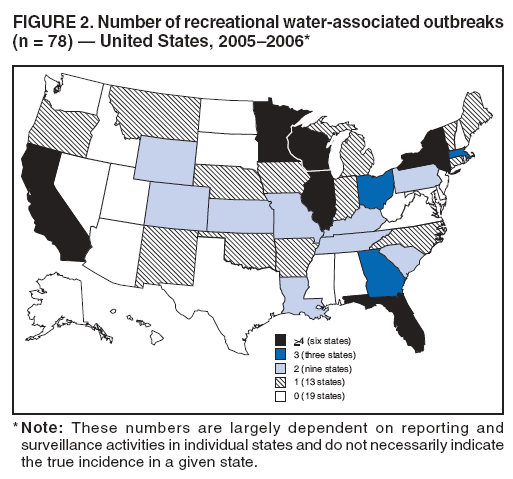FIGURE 2. Number of recreational water-associated outbreaks (n = 78) ?United States, 2005?006*