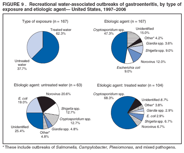 FIGURE 9 . Recreational water-associated outbreaks of gastroenteritis, by type of exposure and etiologic agent?United States, 1997?006