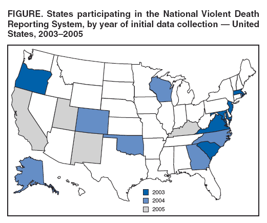 FIGURE. States participating in the National Violent Death Reporting System, by year of initial data collection ?United States, 2003?005