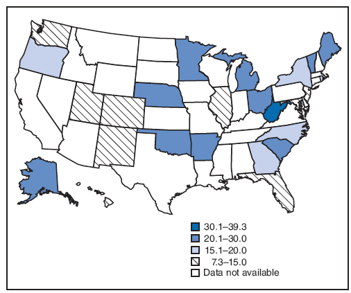 Prevalence of smoking after delivery* --- Pregnancy Risk Assessment Monitoring System (PRAMS), United States, 26 sites,? 2005