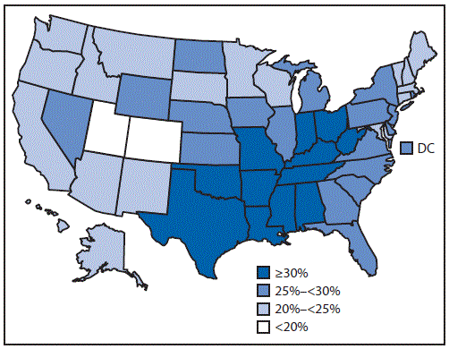 The figure above is a map of the United States showing the prevalence of self-reported physical inactivity among adults aged â¥50 years during 2014.