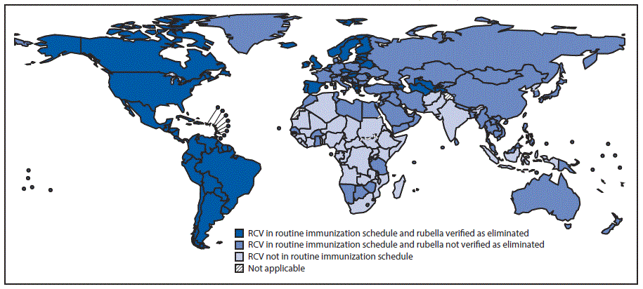 m6645a4f The figure above is a map of the world showing rubella-containing vaccine introduction and status of rubella elimination, by country, during 2016.