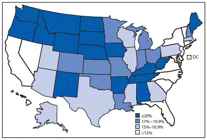 mm6650a7-F The figure above is a map showing that overall, 15.9% of U.S. adults aged ≥18 years had any hearing loss during 2014–2016. The prevalence of any hearing loss was lowest in New Jersey (10.6%), Connecticut (11.0%), Maryland (11.0%), California (12.3%), New York (12.6%), and the District of Columbia (8.6%). The prevalence of any hearing loss was highest in West Virginia (24.7%), Oregon (24.6%), Montana (23.8%), Idaho (23.1%), and Wyoming (22.3%).