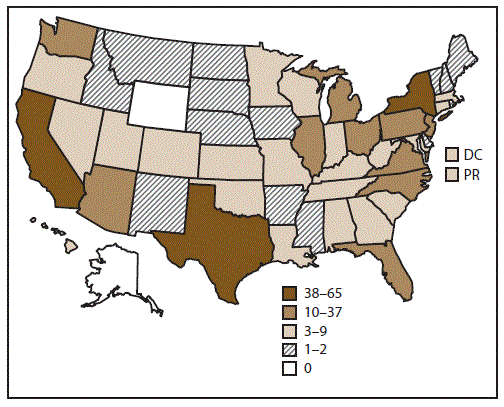 ss6703a1-F1 Map of United States shows the number and location of clinics providing assisted reproductive technology procedures. In 2015, 464 of 499 clinics (93%) in the United States, the District of Columbia, and Puerto Rico provided data to CDC.