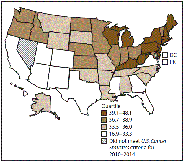ss6712a1-F19 This figure is a U.S. map showing the incidence rates for male urinary bladder cancer for 2010–2014.
