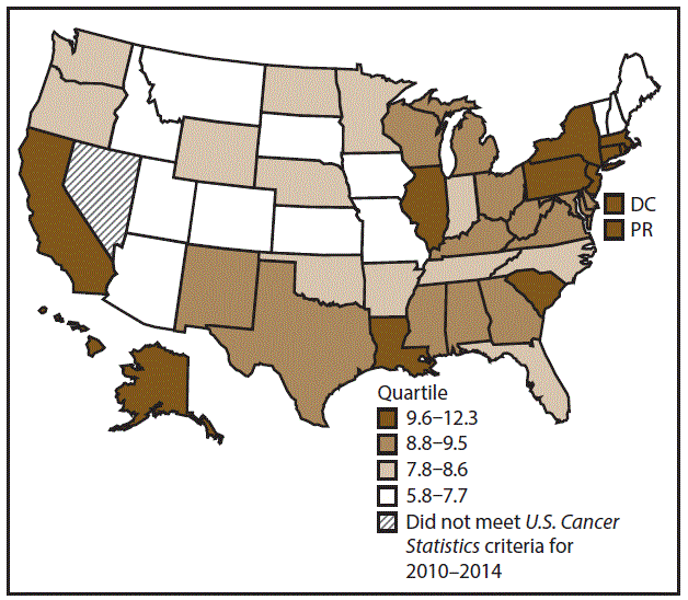 ss6712a1-F9 This figure is a U.S. map showing the incidence rates for male stomach cancer for 2010–2014.