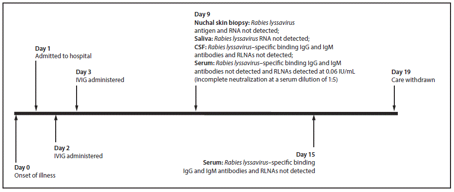 mm6705a3-F2 The figure above shows a timeline of events for a patient with Eastern equine virus infection who had no history of rabies vaccination, but in whom Rabies lyssavirus neutralizing antibodies were detected after receiving intravenous immune globulin.