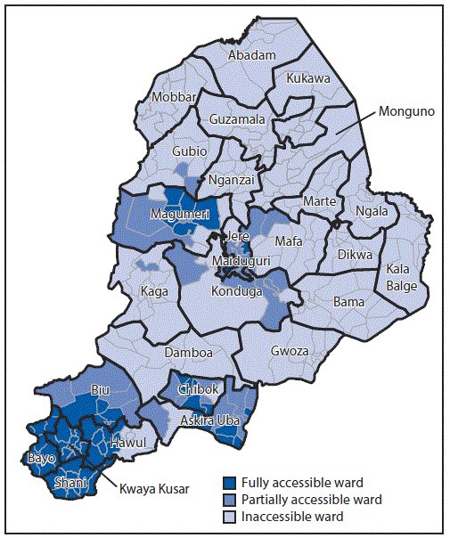 mm6708a5-F1 The figure above is a map of Nigeria showing the accessibility of local government areas, by ward, to polio eradication program personnel in the country’s Borno State in September 2015.