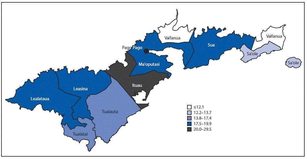 mm6747a5-F2 The figure is a map of American Samoa showing the number of laboratory-confirmed dengue cases per 1,000 persons, by county of residence, during November 2016–October 2018.