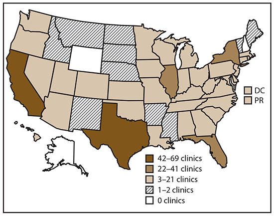 ss6804a1-F1 Map of United States shows the number and location of clinics providing assisted reproductive technology procedures. In 2016, 463 of 502 clinics (92.2%) in the United States, the District of Columbia, and Puerto Rico provided data to CDC.