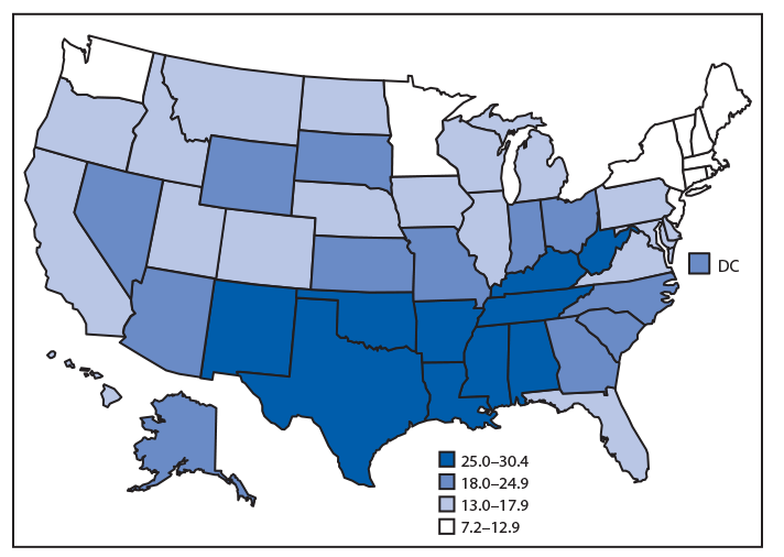 mm6844a5-F The figure is a map of the United States showing that in 2018, the U.S. birth rate for teens aged 15–19 years was 17.4 births per 1,000 females, with rates generally lower in the Northeast and higher across the southern states. Teen birth rates ranged from 7.2 in Massachusetts, 8.0 in New Hampshire, 8.3 in Connecticut, and 8.8 in Vermont to rates of 30.4 in Arkansas, 27.8 in Mississippi, 27.5 in Louisiana, 27.3 in Kentucky, and 27.2 in Oklahoma.