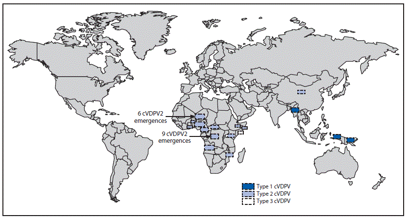 mm6845a4-F1 The figure is a map of the world indicating the location of circulating vaccine-derived poliovirus outbreaks during January 2018–June 2019.