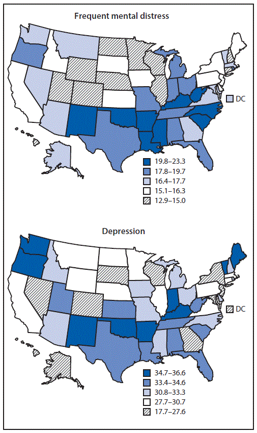 mm685152a1-F The figure is a map showing the age-adjusted prevalence of frequent mental distress and history of depression among adults aged ≥18 years with arthritis, using data from the Behavioral Risk Factor Surveillance System, during 2017.