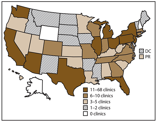 ss6909-F1 This figure is a map of United States showing the number and location of clinics providing assisted reproductive technology procedures. In 2017, 448 of 498 clinics (90.0%) in the United States, the District of Columbia, and Puerto Rico provided data to CDC.