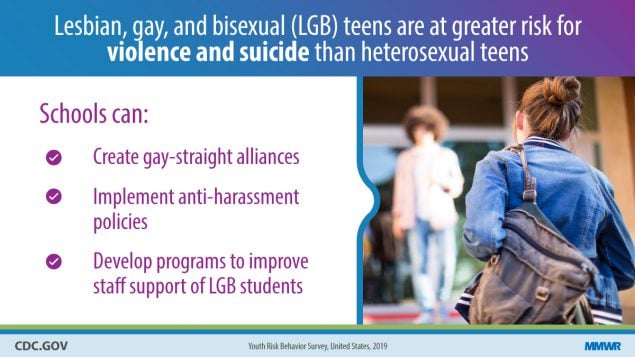 su6901a3_TrendsViolenceVictimizationSuicideYRBS_IMAGE_21Aug20_1200x675 The figure is a photo of a girl with a backpack with text describing the risk of violence and suicide among lesbian, gay, and bisexual teens.