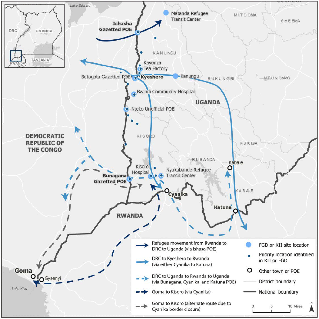 mm6901a3-F The figure is a map showing population movement pathways and points of interest from 12 Population Connectivity Across Borders events in Kanungu and Kisoro districts, Uganda, during March 2019.