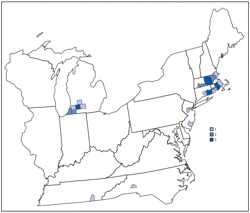 mm6902a4-F The figure is a map of the eastern United States showing the location, by county of residence, of the 34 cases of reported Eastern equine encephalitis virus disease in 2019.
