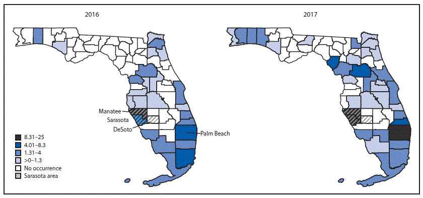 mm6905a2-F2 The figure is a map showing carfentanil-involved deaths per 100,000 population, by county where death occurred, in Florida, during 2016 and 2017.