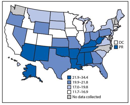 mm6907a2-F2 The figure is a map of the United States showing the adjusted percentage of informal, unpaid caregivers reporting fair or poor health during 2015–2017, by state, based on data from the Behavioral Risk Factor Surveillance System.