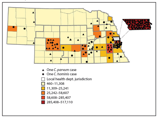mm6912a4-F2 The figure is a map of Nebraska indicating the distribution of Cryptosporidium parvum and Cryptosporidium hominis cases, by county, during September 2015–December 2017.