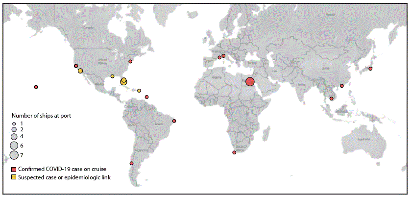 mm6912e3-F2 The figure is a map that shows cruise ships with COVID-19 cases requiring public health responses worldwide during January–March 2020.