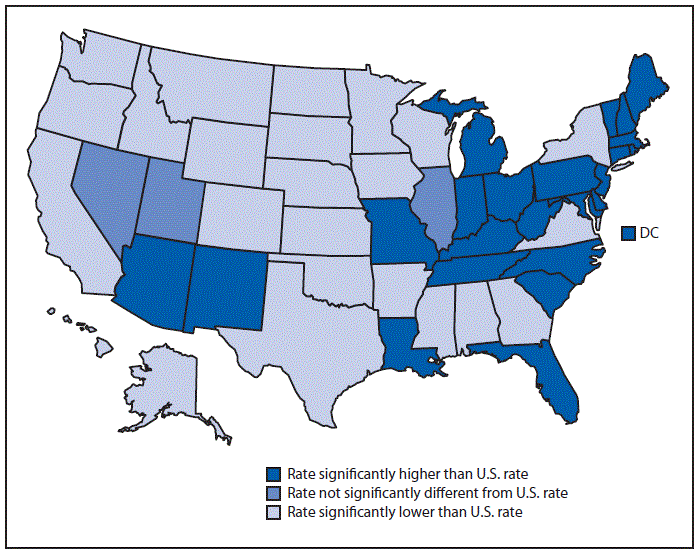 overdose death rates The figure is a map of the United States showing age-adjusted drug overdose death rates in 2018, by state. The overall national rate was 20.7 overdose deaths per 100,000 population; three states had rates not significantly different from the national rate, 23 states and the District of Columbia had rates that were higher, and 24 states had rates that were lower. West Virginia (51.5) and Delaware (43.8) had the highest rates of drug overdose deaths, and Nebraska (7.4) and South Dakota (6.9) had the lowest.