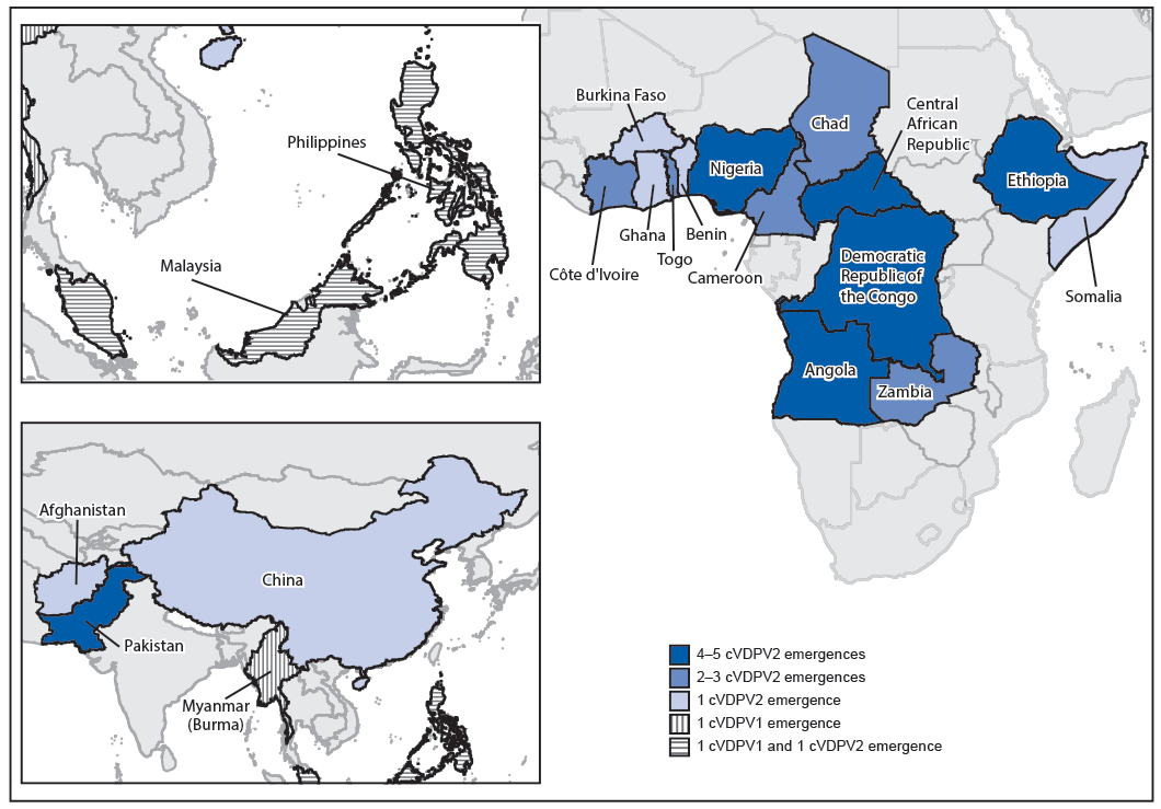 vaccine-derived poliovirus outbreak The figure consists of maps showing selected countries in Africa and Asia with ongoing circulating vaccine-derived poliovirus outbreaks during July 2019–February 2020.