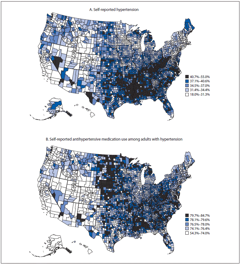 mm6918a1-F The figure consists of two maps of the United States, one showing prevalence of self-reported hypertension and the other showing prevalence of self-reported antihypertensive medication use among adults aged ≥18 years, by county, in 2017 according to the Behavioral Risk Factor Surveillance System.