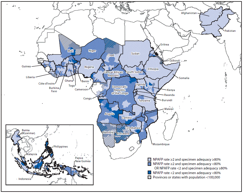 Polio Eradication Map Showing Combined Performance Indicators Quality Acute Flaccid Paralysis Surveillance The figure is a map showing the combined performance indicators for the quality of acute flaccid paralysis surveillance in subnational areas of 40 countries identified by the World Health Organization as priority countries the in the African, Eastern Mediterranean, South-East Asia, and Western Pacific regions in 2019.