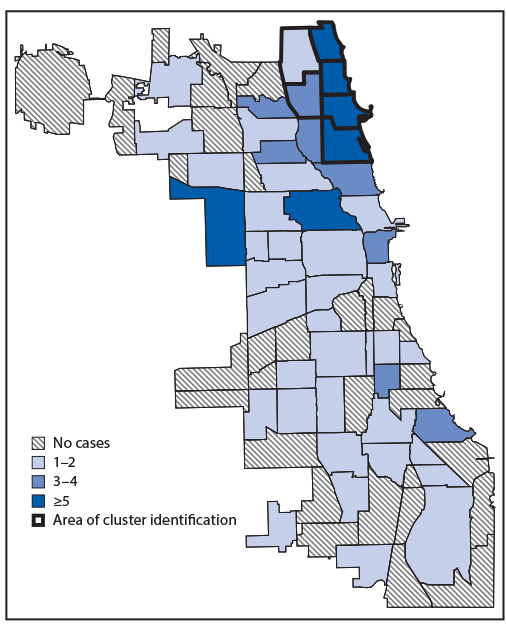 mm6928a3-F2 The figure is a map showing the number of mumps cases among adults aged ≥18 years (N = 110), by community area, in Chicago, Illinois, during January– December 2018.