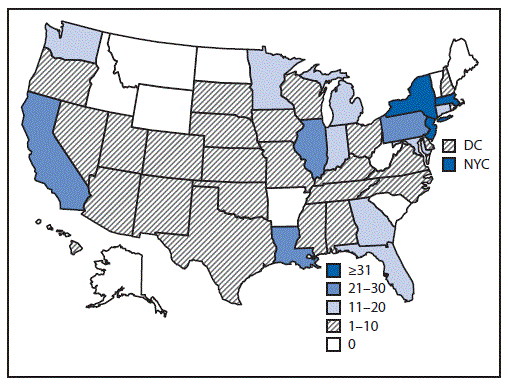 mm6932e2-F The figure is a map of the United States showing the geographic distribution of 570 reported cases of multisystem inflammatory syndrome in children during March–July 2020.