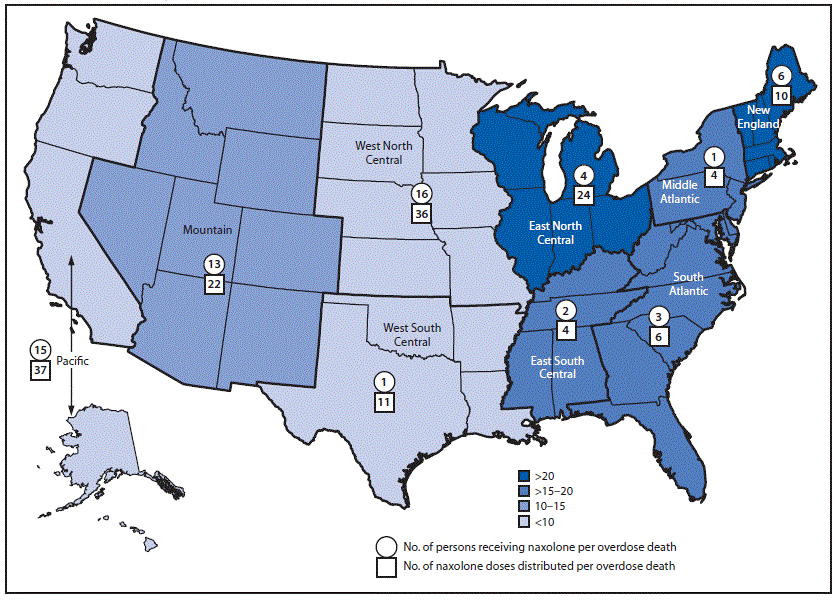 overdose education and naloxone distribution The figure is a map of the United States showing the number of new and cumulative overdose education and naloxone distribution implementations within syringe service programs throughout the United States in 2019.