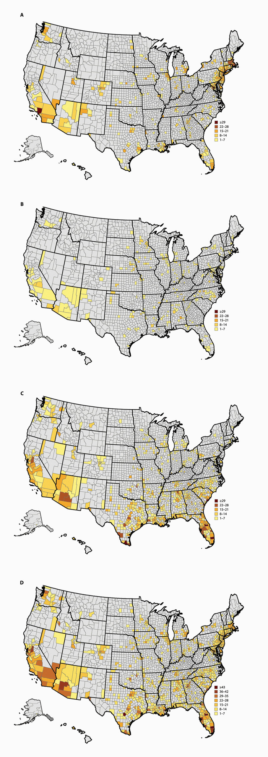 COVID-19 hotspot The figure is a series of four maps showing the number of COVID-19 hotspot alerts, by county and number of days meeting hotspot criteria for (A) March 8–April 30, (B) May 1–31, (C) June 1–July 15, and (D) entire period, in the United States, during March 8–July 15, 2020.