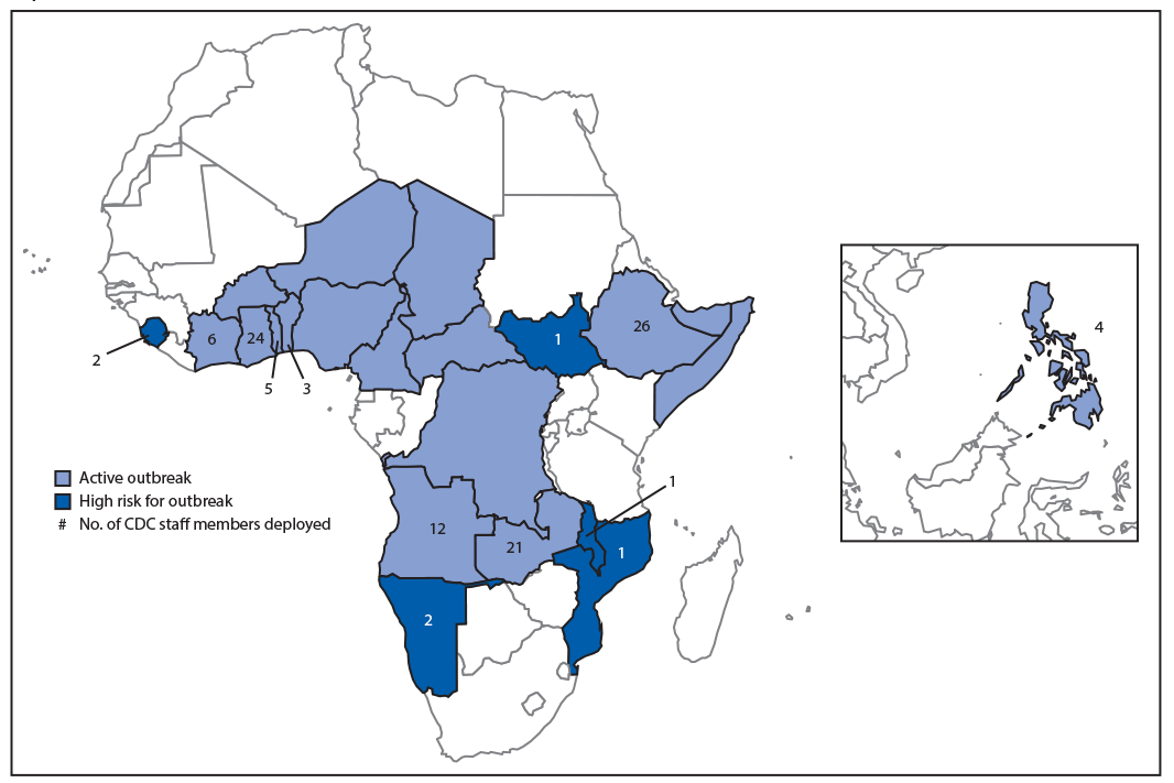 vaccine-derived poliovirus type 2 outbreak The figure is a map showing the circulating vaccine-derived poliovirus type 2 outbreak status and number of CDC polio surge staff members deployed in 13 countries during September 2019–March 2020.