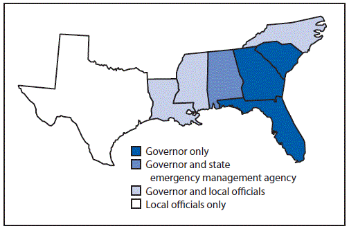 Map of Eight Southern U.S. Coastal States Showing Who has Authority in each to Order Evacuations During Natural Disasters The figure is a map of eight southern U.S. coastal states showing who has authority in each to order evacuations during natural disasters.