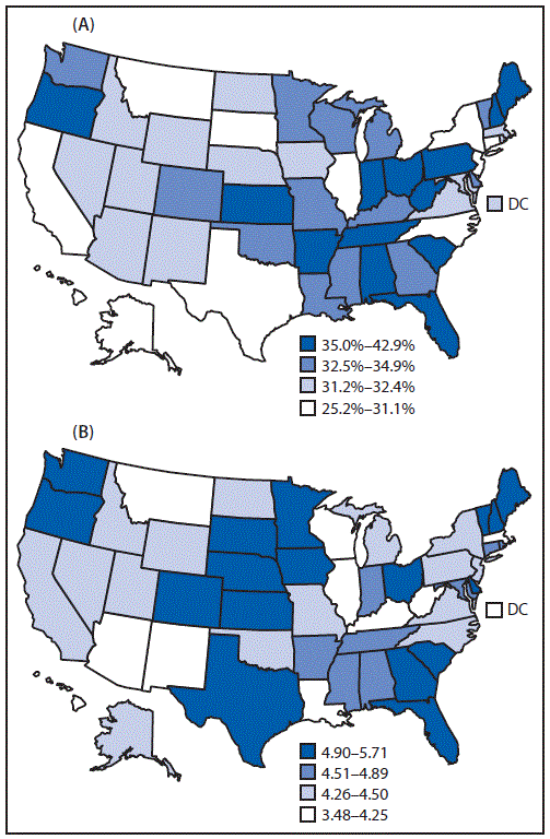 Two Maps of the United States Showing Frequency Mental Distress Among Adults with Disabilities The figure consists of two maps of the United States showing A) the age-adjusted prevalence of frequent mental distress among adults with disabilities and B) prevalence ratios of frequent mental distress between adults with and without disabilities in 2018, by geographic area, based on data from the Behavioral Risk Factor Surveillance System.