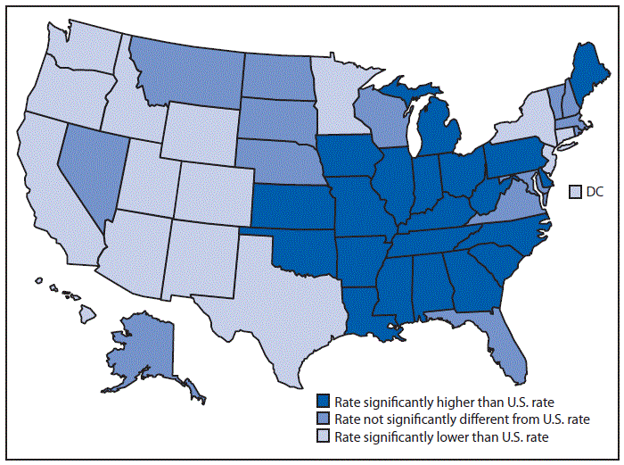 Map of the United States Showing that in 2018 the Age-adjusted Lung Cancer Death Rate in the United States was 34.8 per 100,000 The figure is a map of the United States showing that in 2018, the age-adjusted lung cancer death rate in the United States was 34.8 per 100,000. Twenty-one states had a higher lung cancer death rate than the national rate, 15 states and DC had lower death rates, and 14 states had rates that were not statistically different from the national rate. Most states with higher death rates were in the Midwest or Southeast. The five states with the highest age-adjusted lung cancer death rates were Kentucky (53.5), West Virginia (50.8), Mississippi (49.6), Arkansas (47.4), and Oklahoma (46.8). The five jurisdictions with the lowest lung cancer death rates were Utah (16.4), New Mexico (22.5), Colorado (23.0), DC (24.6), and California (25.0).