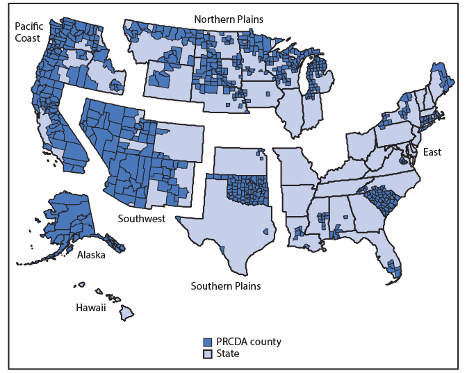 U.S. Map Divided into Six Regions in which Counties Designated as Purchase/Referred Care Delivery Areas by the Indian Health Service The figure is a U.S. map divided into six regions in which counties designated as Purchase/Referred Care Delivery Areas by the Indian Health Service during 2013–2017 are identified by shading.