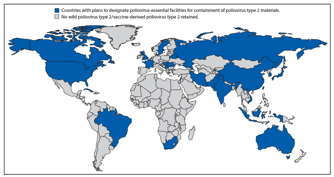Map of the World Indicating the 25 Countries that Plan to Retain All Type 2 Polioviruses in Designated Poliovirus Facilities The figure is a map of the world indicating the 25 countries that plan to retain all type 2 polioviruses in designated poliovirus facilities.