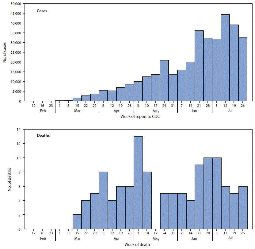 Two Histograms, Epidemiologic Curves Showing SARS-CoV-2–Associated Cases The figure consists of two histograms, epidemiologic curves showing SARS-CoV-2–associated cases, by week of case report to CDC, and deaths, by week of death, among infants, children, adolescents, and young adults aged <21 years in the United States during February 12–July 31, 2020.