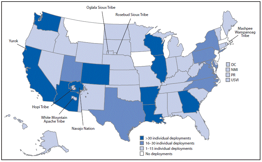 Map Showing the Location of Deployments by CDC Staff Members to State, Tribal, Local, and Territorial Health Departments The figure is a map showing the location of deployments by CDC staff members to state, tribal, local, and territorial health departments, in the United States, during January 21–July 25, 2020.