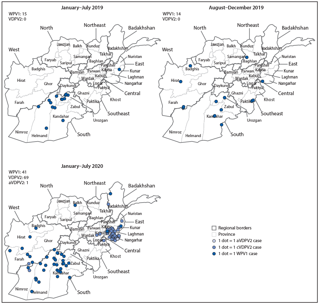 mm6940a3-F1 The figure is a map showing cases of wild poliovirus type 1 (WPV1) and vaccine derived poliovirus type 2 (VDPV2), by providence, in Afghanistan, during January 2019–July 2020.