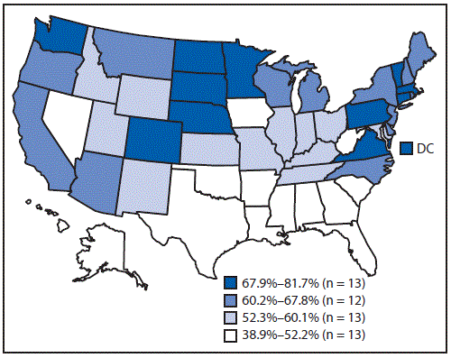 Vaccination Coverage by Age 24 Months Among Children Born in 2016 and 2017 — National Immunization Survey-Child, United States, 2017–2019 The figure is a map of the United States showing estimated vaccination coverage with ≥2 doses of influenza vaccine by age 24 months, among children born in the United States during 2016–2017 according to the National Immunization Survey-Child.