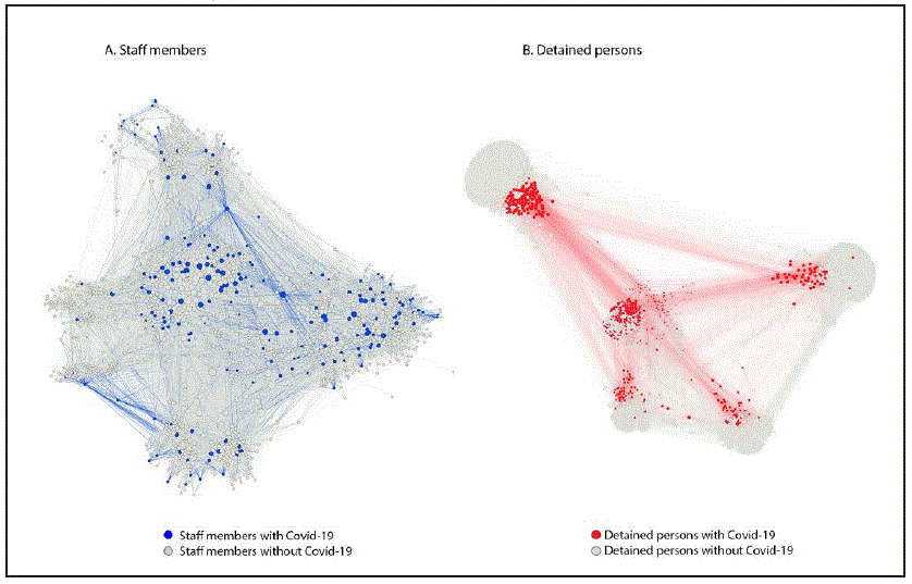 mm6944a3-F2 The figure consists of two diagrams visualizing person-person networks for staff members and for detained persons in the Cook County Jail, Illinois, among 1,843 persons without and 198 with COVID-19, who were epidemiologically linked to an outbreak during March 1–April 30, 2020.