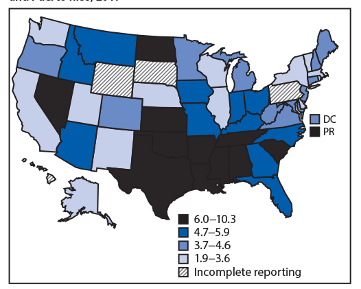 human immunodeficiency virus The figure is a map showing the age-adjusted rate of human immunodeficiency virus (HIV)–related deaths among persons aged ≥13 years with diagnosed HIV infection, by area of residence at time of death, in the United States and Puerto Rico, during 2017.