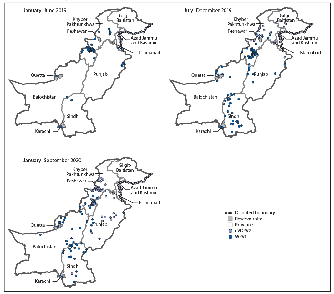 wild poliovirus type 1 The figure is a series of three maps showing the location of cases of wild poliovirus type 1 and circulating vaccine-derived poliovirus type 2, by province and period in Pakistan during January 2019–September 2020.