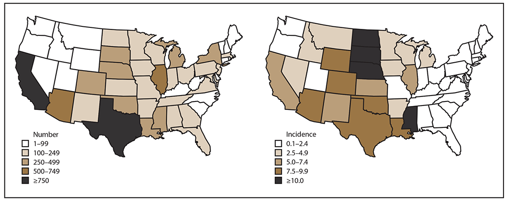 Surveillance for West Nile Virus Disease — United States, 2009-2018 The figure presents a pair of U.S. maps displaying the total number and cumulative incidence of West Nile virus neuroinvasive disease cases by state of residence during 2009-2018.