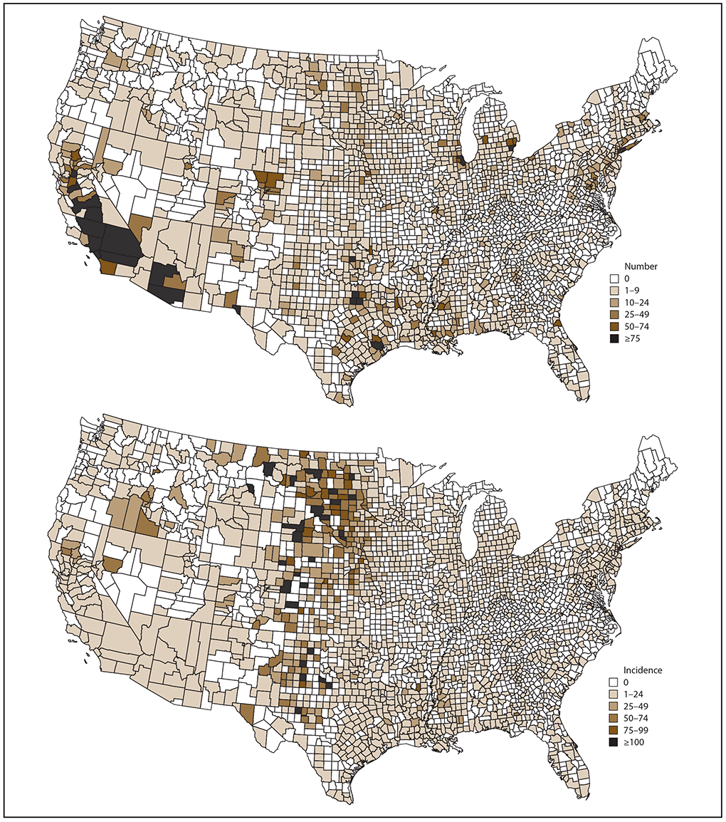 Surveillance for West Nile Virus Disease — United States, 2009-2018 The figure presents a pair of U.S. maps displaying the total number and cumulative incidence of West Nile virus neuroinvasive disease cases by county of residence during 2009-2018.