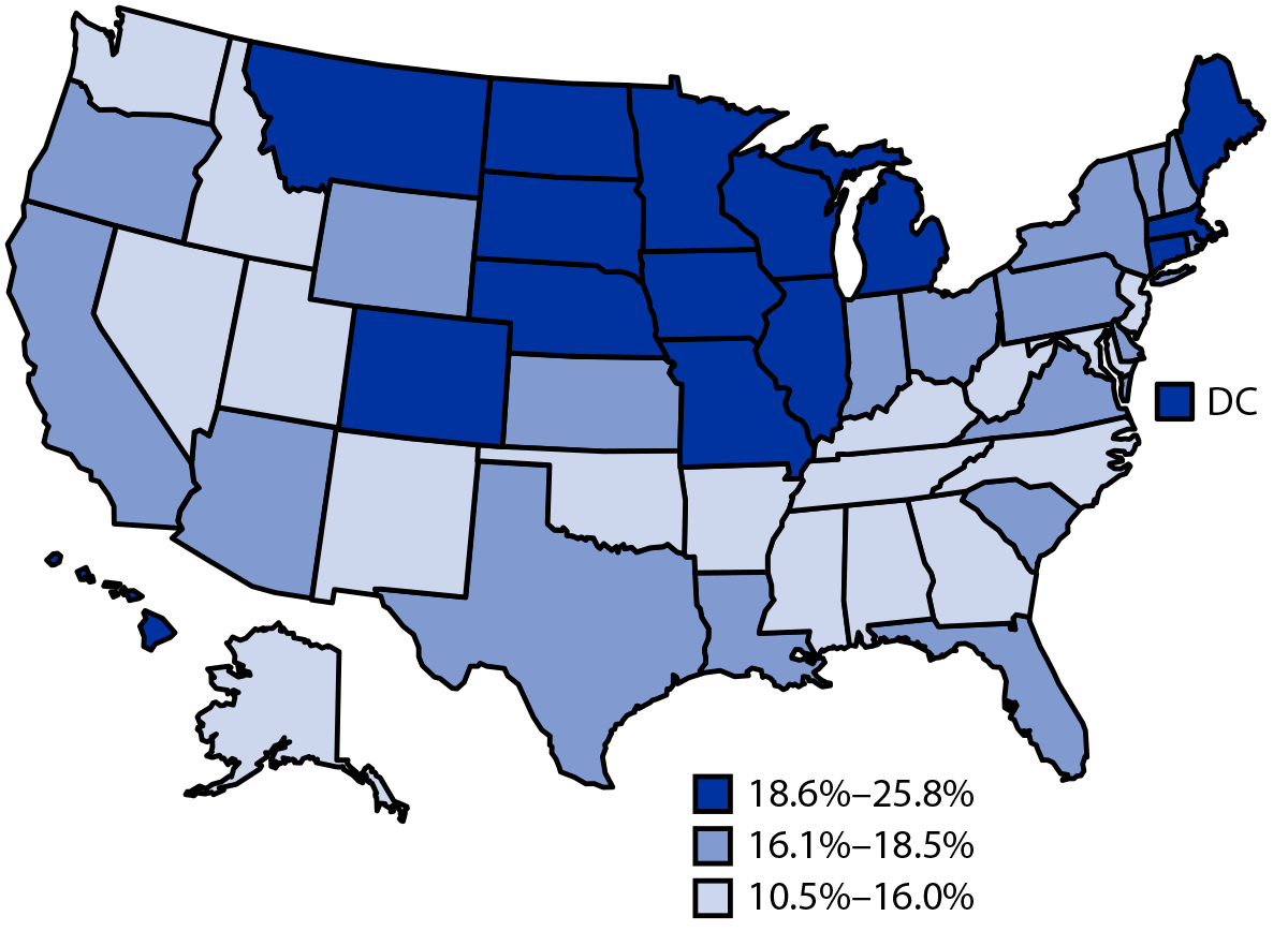 Binge Drinking Among Adults, by Select Characteristics and State — United States, 2018 The figure is a map showing the prevalence of binge drinking among adults aged ≥18 years in 2018 in the United States from the Behavioral Risk Factor Surveillance System.
