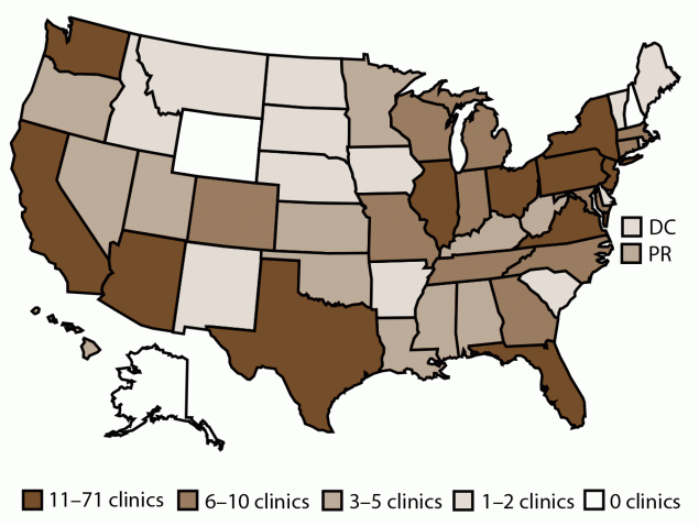 Assisted Reproductive Technology Surveillance — United States, 2018 Figure is a map of the United States indicating the number of assisted reproductive technology clinics in each state, the District of Columbia, and Puerto Rico. In 2018, a total of 456 (91.4%) of the 499 clinics in the United States submitted data to CDC.